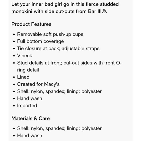 Bar III Tell Me About It Stud One Piece Swimsuit Black XL NWT - Picture 9 of 9